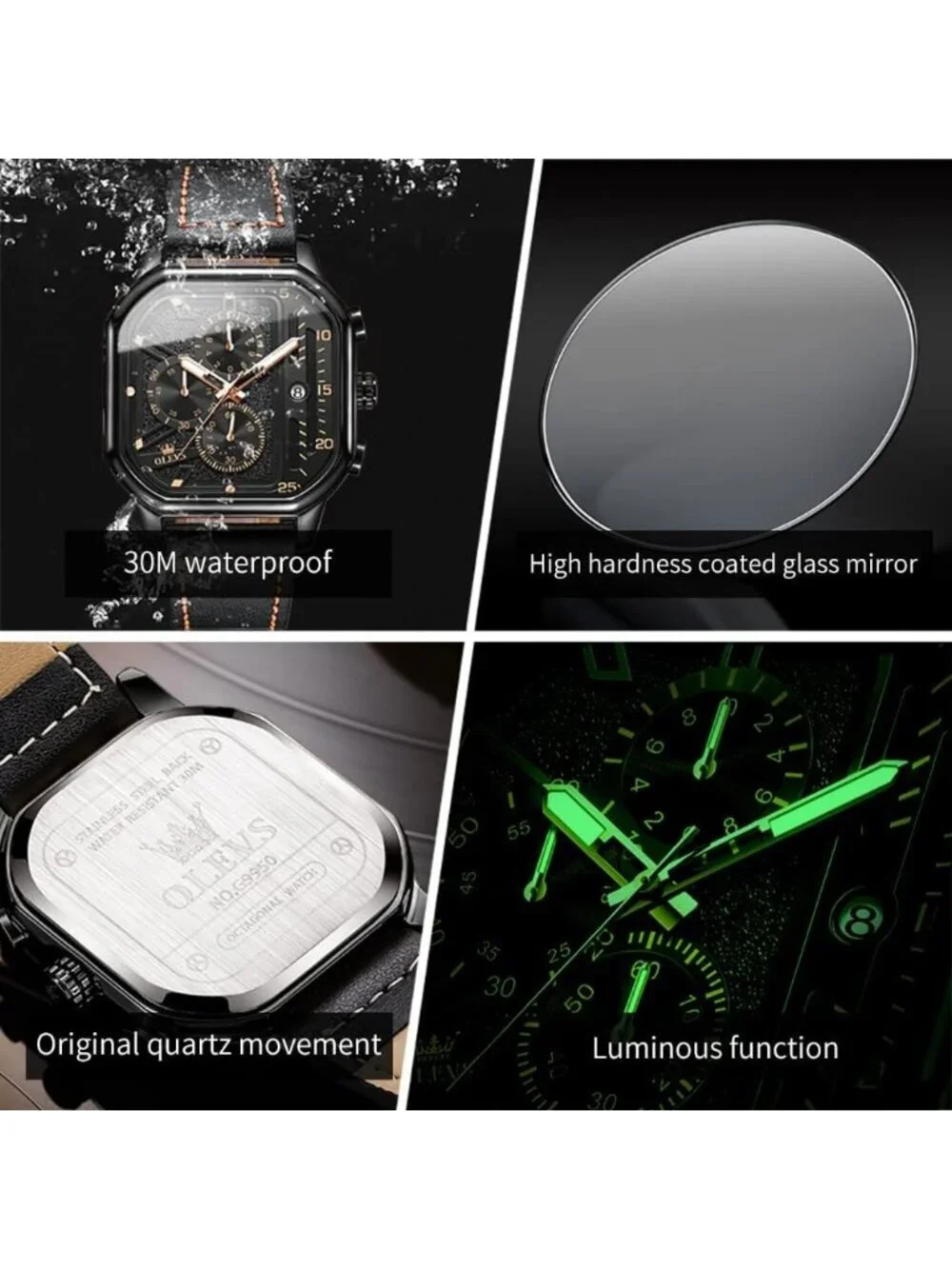 Men's Black Quartz Leather Strap Waterproof Casual Trendy Square Dial Watch